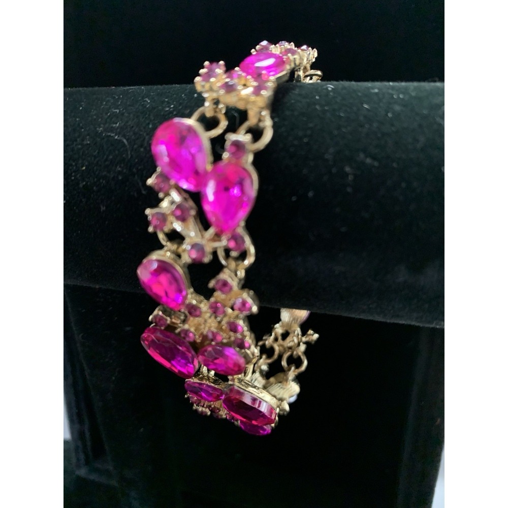 Hot Pink Teardrop Crystal Rhinestone Statement Bracelet Lobster Cocktail Wedding